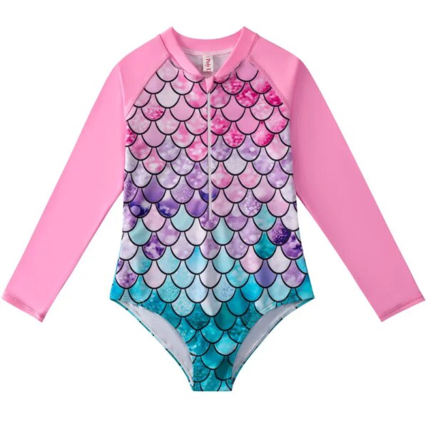 European American Style Mermaid Swimsuit Baby Girls Long Sleeves One-piece Swimsuit Hot Spring Fish Scale Kids Swimsuit 4-12Y