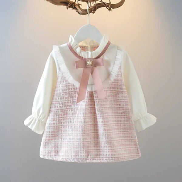 New In Spring Toddler Girl Dresses Korean Fashion Cute Bow Mesh Plaid Long Sleeve Princess Kids Dress Baby Clothes Outfit