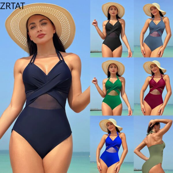 ZRTAT 2024 New One Piece Swimwear Women's Solid Color Mesh Bikini Swimwear Bikini Conservative Bathing Suit Girls Women Swimwear