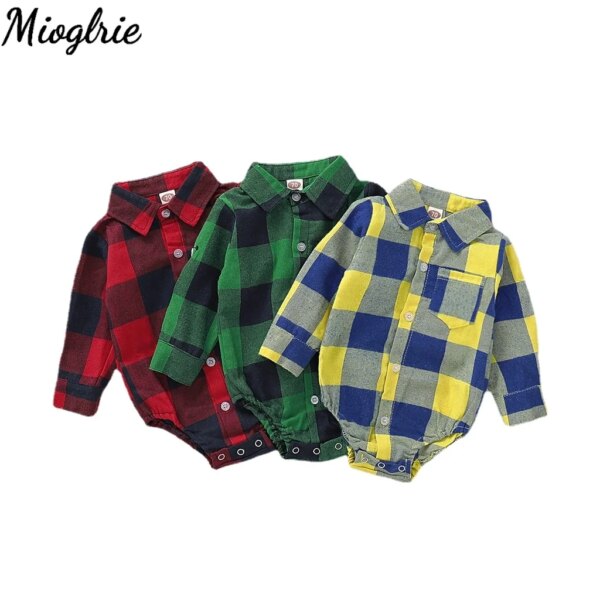 0-12Months Newborn Baby Boys Bodysuit Plaid Print Long Sleeve Turn Down Collar Shirt Gentleman Jumpsuit Romper