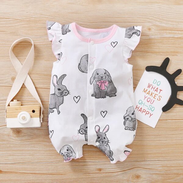 0-18 Baby Jumpsuit Cute Cartoon Rabbit Print Cotton Casual Comfortable Soft Boy And Girl Summer Sleeveless Newborn Clothes