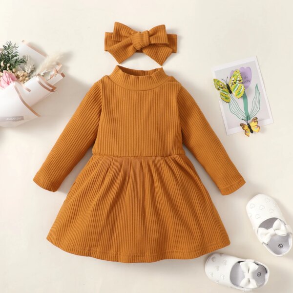 0-2-year-old newborn baby girls spring and autumn brown long-sleeved high-necked cute dress