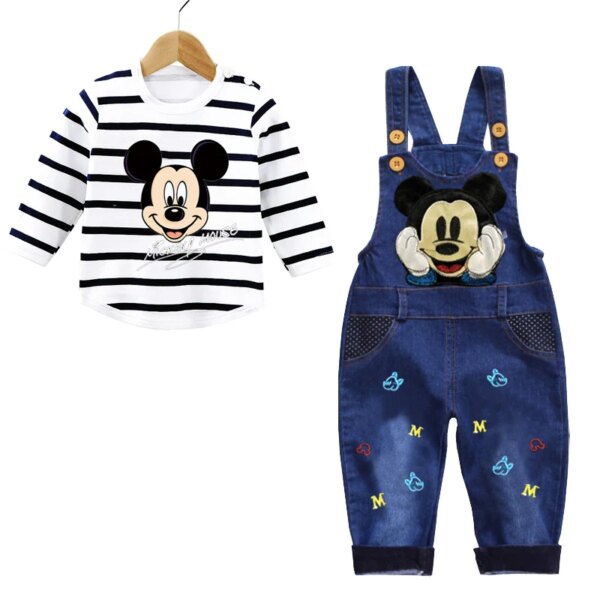 0-3 Years Old Baby Boy Clothes Set Mickey Long Sleevs Shirt + Denim Overalls 2PCS Infant Boy Clothing Suit Baby Girl Clothes