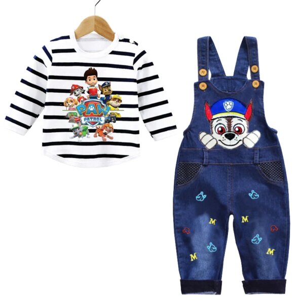 0-3 Years Old Baby Boy Clothes Set PAW Patrol Long Sleevs Shirt + Denim Overalls 2PCS Infant Boy Clothing Suit Baby Girl Clothes