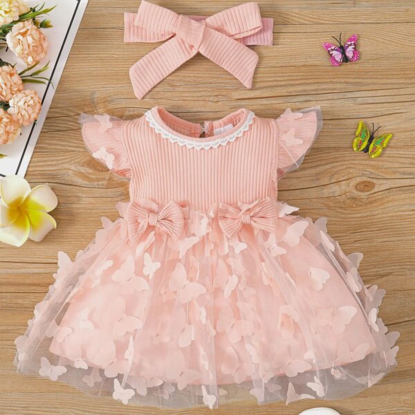 0-3-year-old newborn baby girl summer pink sleeveless lace round neck lace butterfly mesh lovely dress party