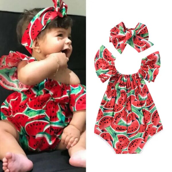 0-36Months Baby Girl Bodysuit Hairband Set Short Sleeve Watermelon Print Playsuits For Newborns Girls Sunsuit Summer Rompers