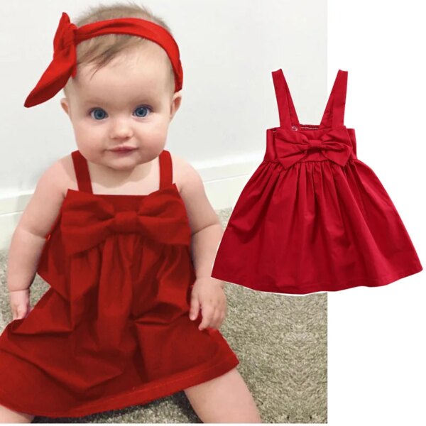 0-36months Baby Girl Sleeveless Sling Dress Cute Bow Strapless Backless Princess Dress For Infant Girls Solid Red Summer Dress