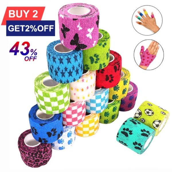 1 Pcs Printed Self Adhesive Elastic Bandage 4.8m Colorful Sports Wrap Tape for Finger Joint Knee First Aid Kit Pet Tape