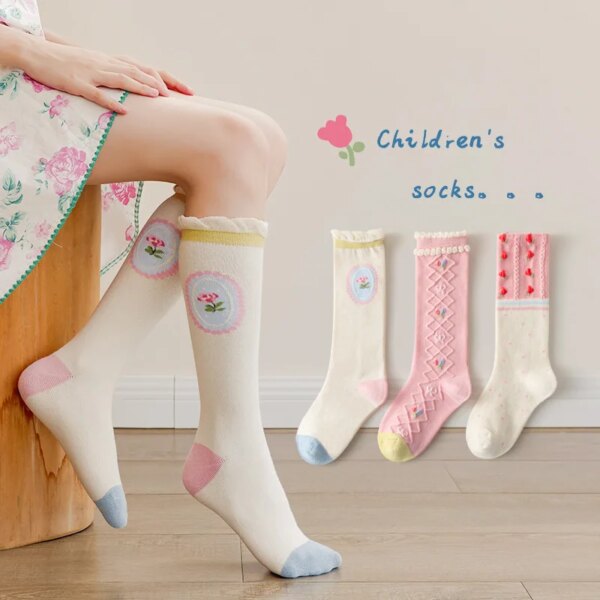 3 Pairs Girls Socks Long Tube Socks Baby Soft Cotton Knee Socks Sweet Flower Pattern For Spring Autumn