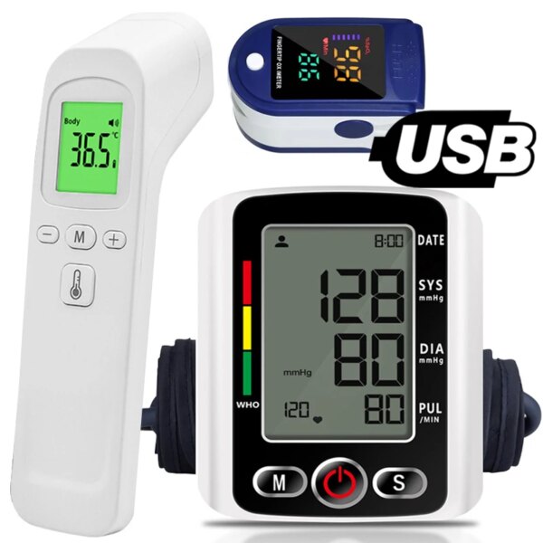 Blood Pressure Monitor Upper Arm Automatic Tonometer BP Medical Sphygmomanometer Pulse  Forehead Thermometer Temperature Meter