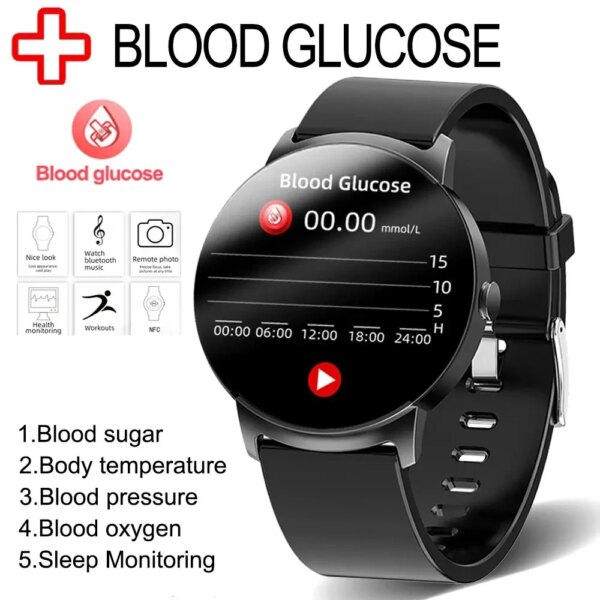 KS02 NFC Non-Invasive Blood Glucose Smart Watch Men Thermometer Heart Rate Health Monitor IP68 Waterproof Smart Watch