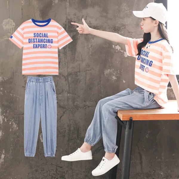 ZOETOP 2024 Summer School Girl Tracksuit Children Girl Alphabet Striped T-shirt+Denim Trousers Sport Pants Kid Girl 2-Piece Sets