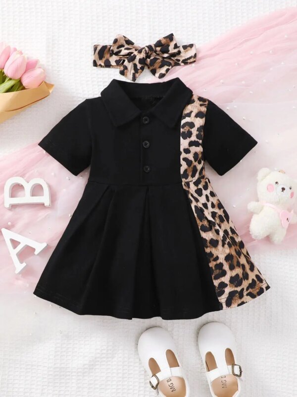 0-3 Year Old Newborn Baby Girls Summer Short Sleeved Lapel Black Leopard Print Cute Fashion Pleated Dress