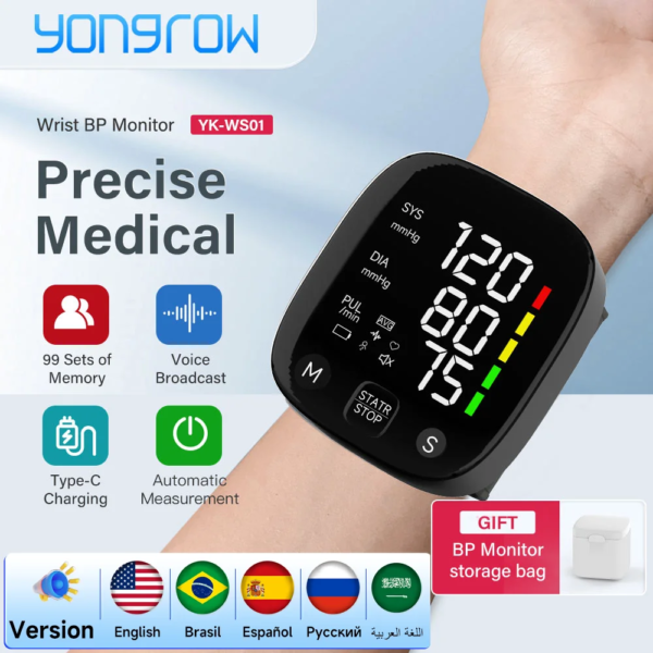 Yongrow New LED Wrist Blood Pressure Monitor Rechargeable English/Russian Voice Broadcast Sphygmomanometer Tonometer  BP Monitor