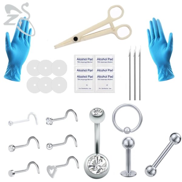 ZS Professional Body Piercing Kit Stainless Steel 14G 16G 20G Needle Clamp Glove Tool Belly Button tongue Lip Nose Ring  Jewelry