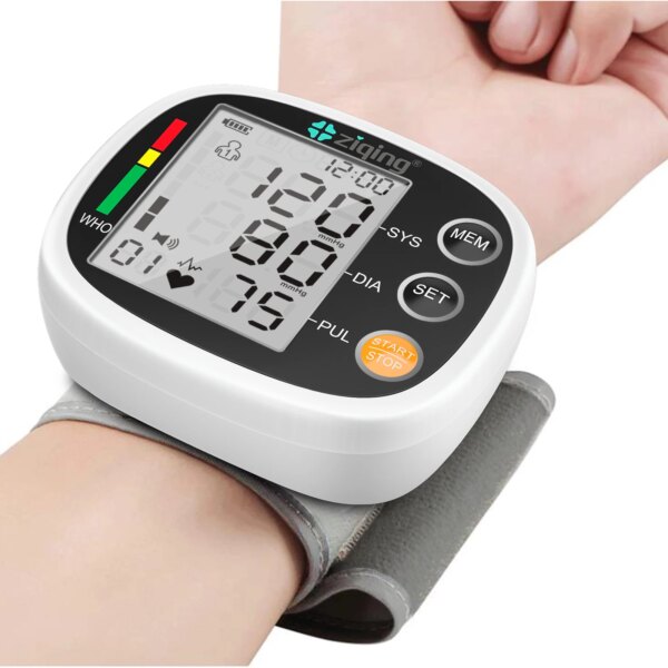 Ziqing Rechargeable Wrist Blood Pressure Monitor Sphygmomanometer Tonometer Tensiometer Heart Rate Pulse Meter Voice BP Monitor