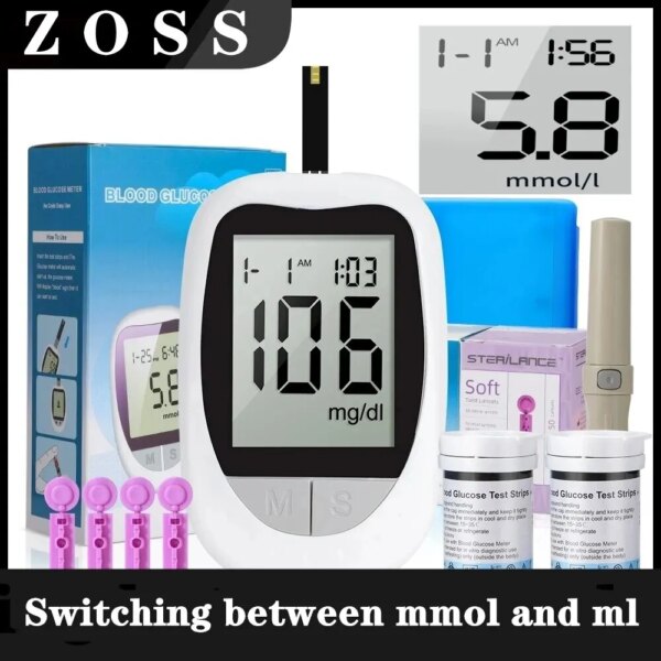 ZOSS Blood Glucose Meter Glucometer Kit Code Free Diabetes Test 50/100pcs Strips With Lancets Medical Blood Sugar Mg/mmol!